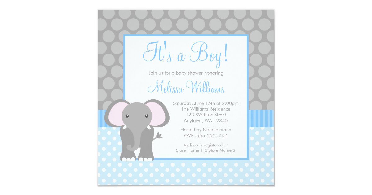 Blue Grey Elephant Polka Dot Boy Baby Shower Invitation Zazzle Co Nz