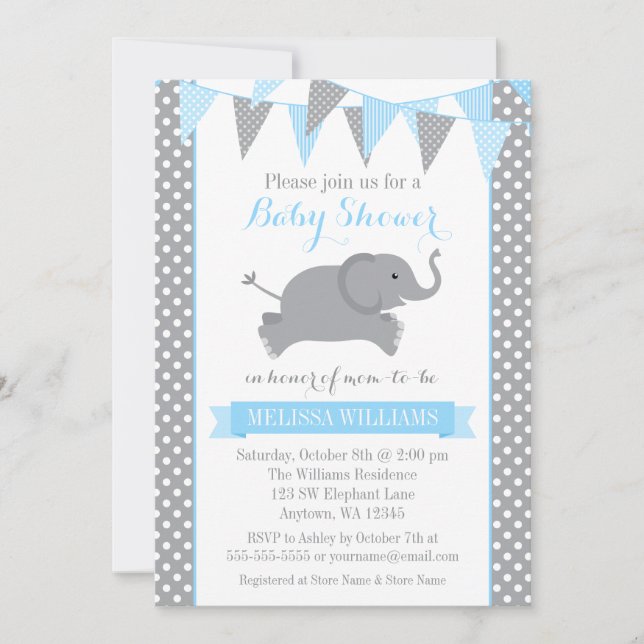 Blue Grey Elephant Polka Dot Bunting Baby Shower Invitation (Front)