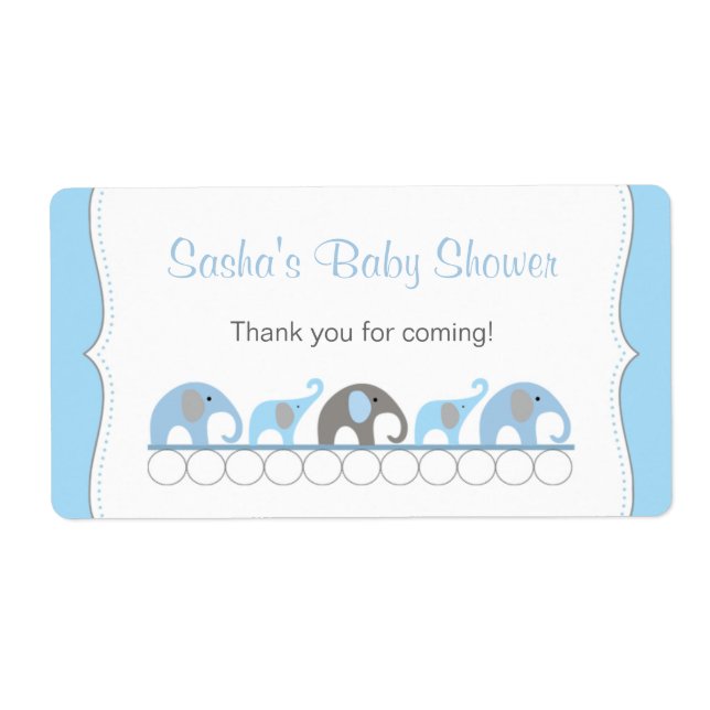 Blue & Grey Elephants Baby Shower Water Bottle (Front)
