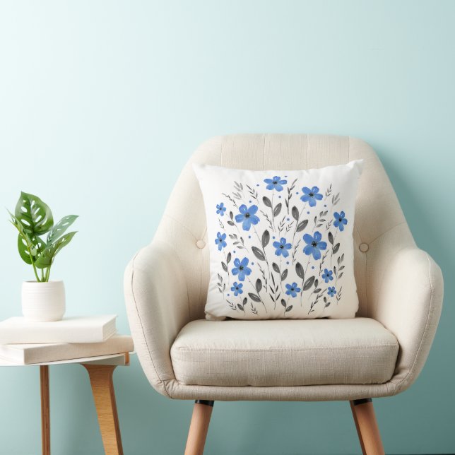 Blue Grey Five Petal Watercolor Floral Motif Cushion (Chair)