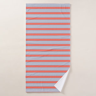 Blue-grey five stripe pattern with living coral bath towel