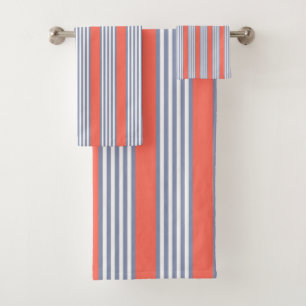Blue-grey five stripe pattern with living coral bath towel set
