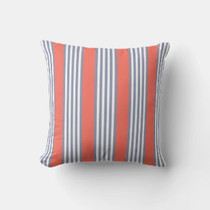 Blue-grey five stripe pattern with living coral cushion