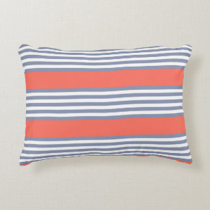 Blue-grey five stripe pattern with living coral decorative cushion
