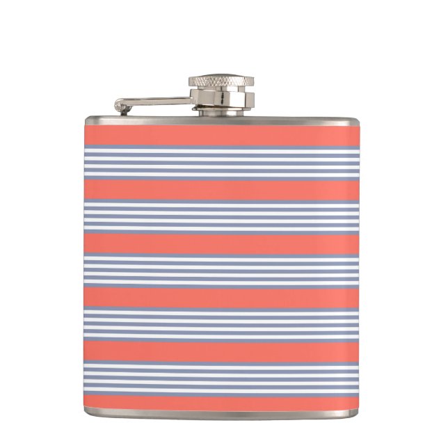 Blue-grey five stripe pattern with living coral hip flask (Front)