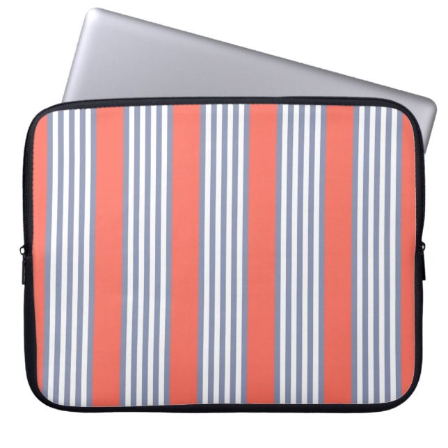 Blue-grey five stripe pattern with living coral laptop sleeve (Front)