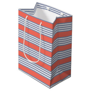 Blue-grey five stripe pattern with living coral medium gift bag