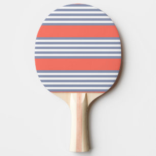 Blue-grey five stripe pattern with living coral ping pong paddle