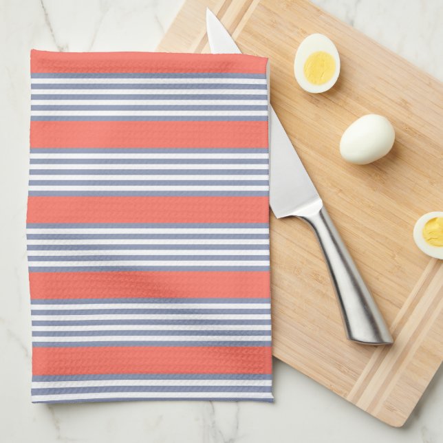 Blue-grey five stripe pattern with living coral tea towel (Quarter Fold)