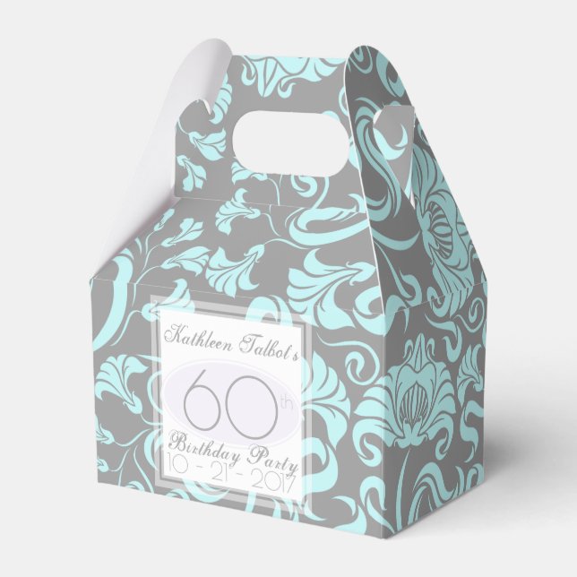 Blue Grey Floral 60th Birthday Thank You Favour Bo Box (Front Side)