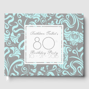 Blue Grey Floral 80th Birthday Party Guest Book