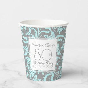 Blue Grey Floral 80th Birthday Party Paper Cup