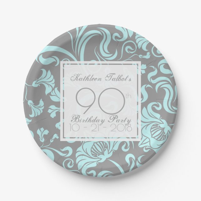 Blue Grey Floral 90th Birthday Party Paper Plate (Front)