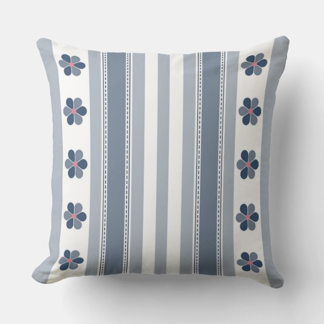 Blue Grey Floral and Stripes Cushion (Front)