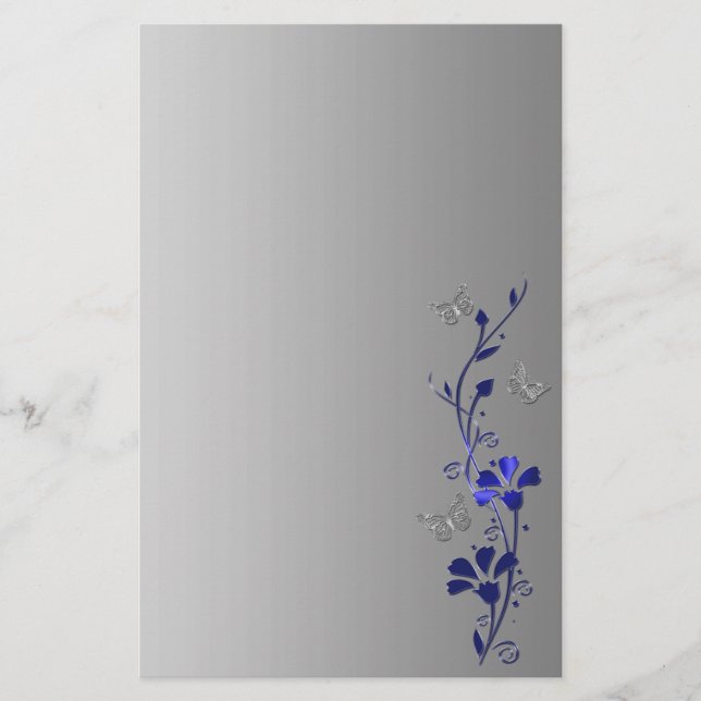 Blue, Grey Floral Butterflies Wedding Stationery (Front)