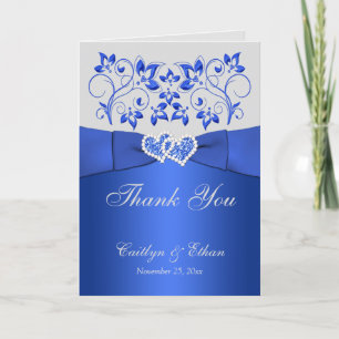 Blue, Grey Floral, Hearts Wedding Thank You Card