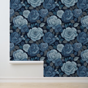Blue Grey Floral Roses Wallpaper
