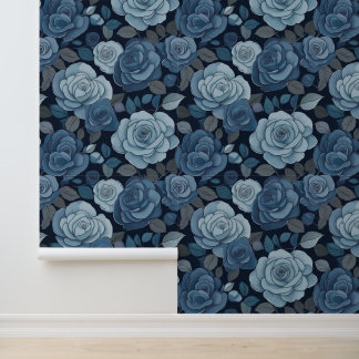 Blue Grey Floral Roses Wallpaper