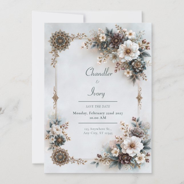 Blue Grey Floral Wedding Invitation (Front)