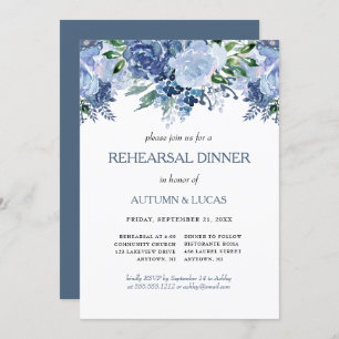 Blue Grey Floral Wedding Rehearsal Dinner Invitation