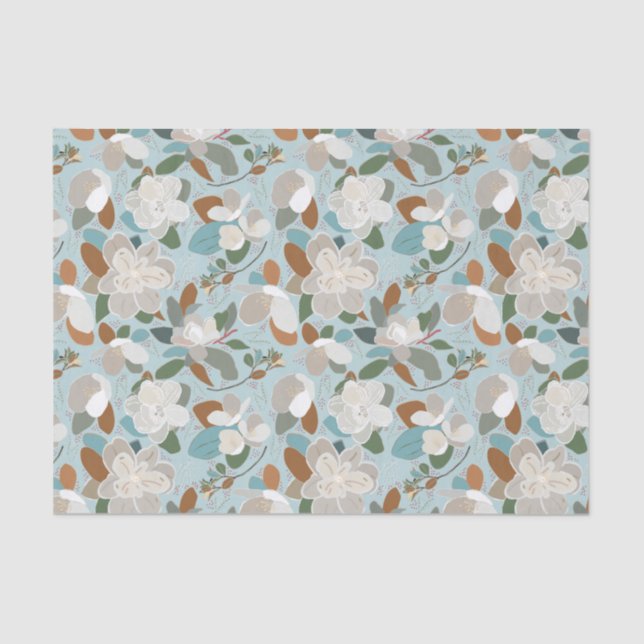Blue Grey Floral Winter Magnolia Tissue Paper (Front)