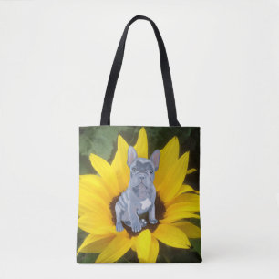 Blue Grey French Bulldog Puppy and Sunflower  Tote Bag