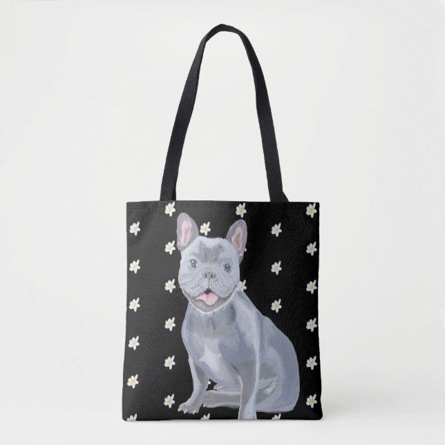 Blue Grey French Bulldog with Daisies Tote Bag (Front)
