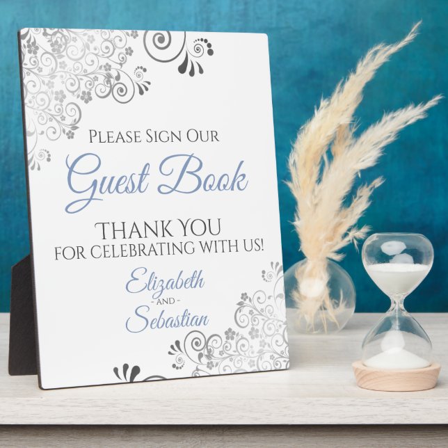 Blue & Grey Frills Sign Our Guest Book Wedding Plaque (Side)