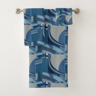 Blue Grey Geometric Abstract Pattern Bath Towel Set