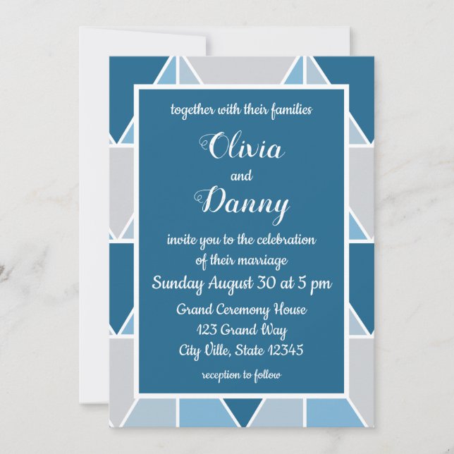 Blue Grey Geometric Triangles Modern Wedding Invitation (Front)