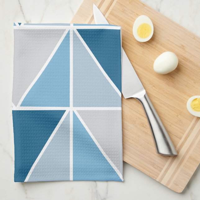 Blue Grey Geometric Triangles Pattern Tea Towel (Quarter Fold)