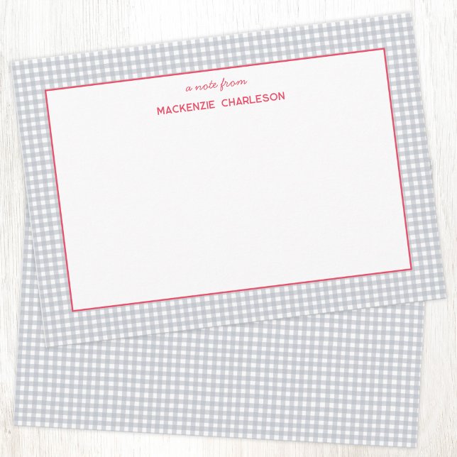 Blue Grey Gingham Personalised Card (Modern chic blue gray pastel gingham check personalized notecards)