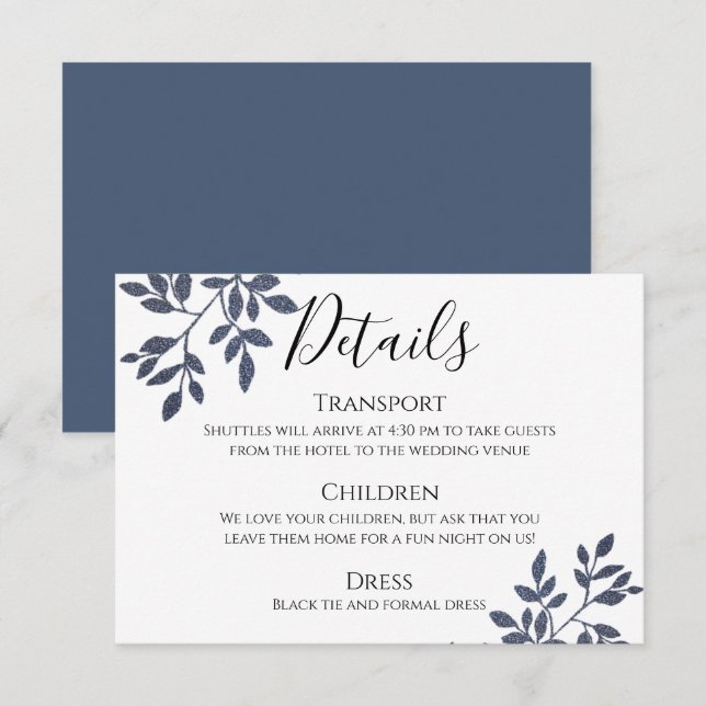 Blue Grey Glitter Botanical Wedding Details Card (Front/Back)