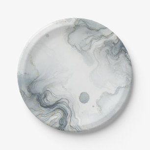 Blue Grey & Gold Beachy Watercolor Beach Wedding Paper Plate