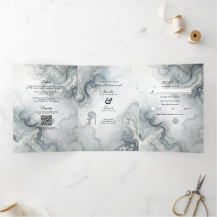 Blue Grey & Gold Beachy Watercolor Beach Wedding Tri-Fold Invitation