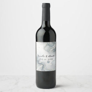 Blue Grey & Gold Beachy Watercolor Beach Wedding Wine Label