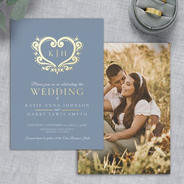 Blue grey gold heart monogram wedding photo (Creator Uploaded)