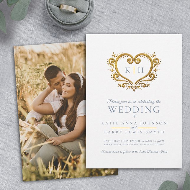 Blue grey gold heart monogram wedding photo invitation (Creator Uploaded)