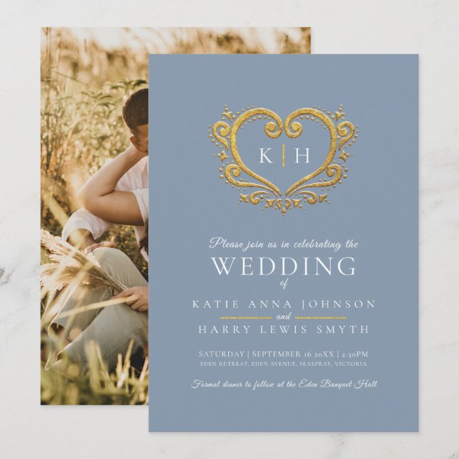 Blue grey gold heart monogram wedding photo invitation (Front/Back)