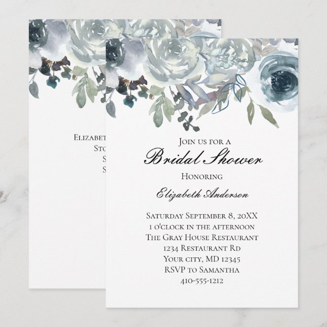Blue Grey Green Elegant Floral Watercolor Bridal  Invitation (Front/Back)