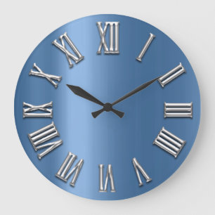 Blue Grey Grey Metal Grey Silver Roman Number Large Clock
