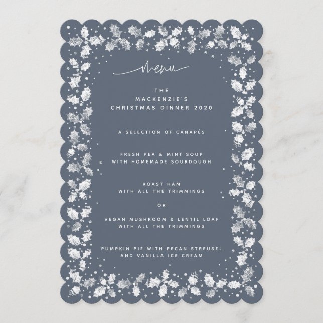 Blue-Grey Hand Printed Holly+Berries Christmas Menu (Front)