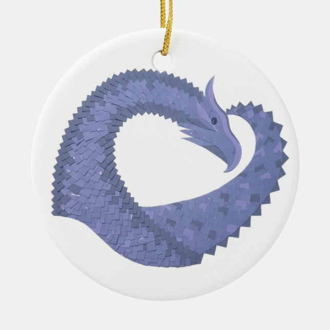 Blue-grey heart dragon on white ceramic tree decoration (Front)
