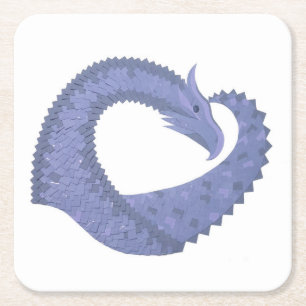 Blue-grey heart dragon on white square paper coaster