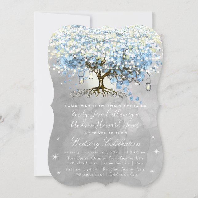 Blue & Grey Heart Leaf Tree Woodsy Boho Wedding Invitation (Front)