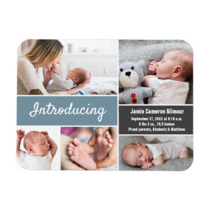 Blue grey Introducing baby boy photo collage Magnet