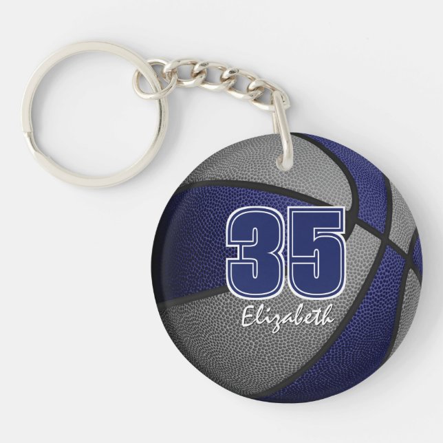 Blue grey kids teens team colours gifts basketball key ring (Front)