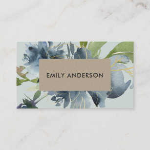 BLUE GREY KRAFT GREEN GOLD FLORAL WATERCOLOR BUSINESS CARD