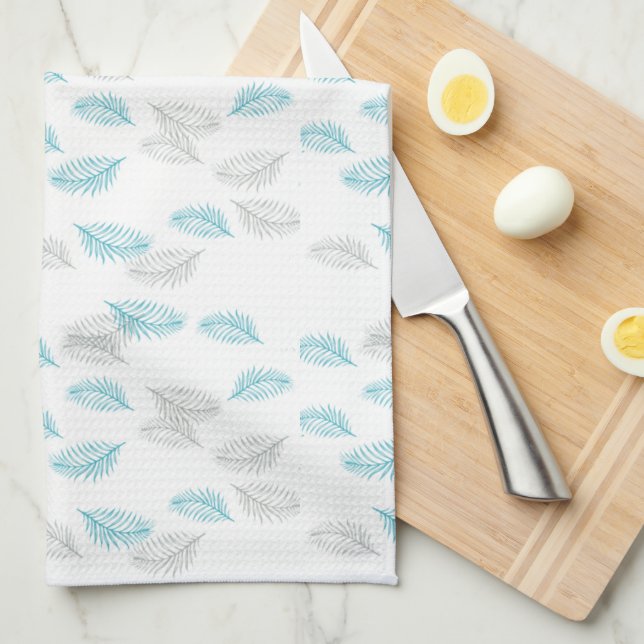 Blue & Grey Leaves Pattern Tea Towel (Quarter Fold)