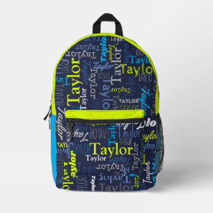 blue grey lime green personalised name all over printed backpack